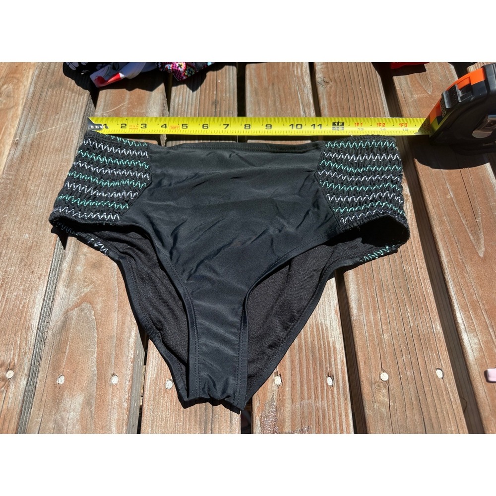 Arizona Jean Co Black High Waisted Smocked Bikini Bottoms Medium Teal Boho